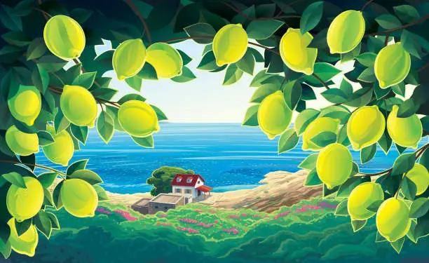 Vector illustration of Rural scenery, with lemon tree branches in the foreground, with a house on the sea coast in the background. Vector illustration.