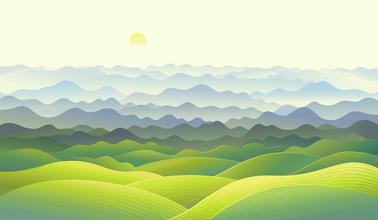 Hilly landscape with a panorama of mountain ranges in the fog. Vector illustration.