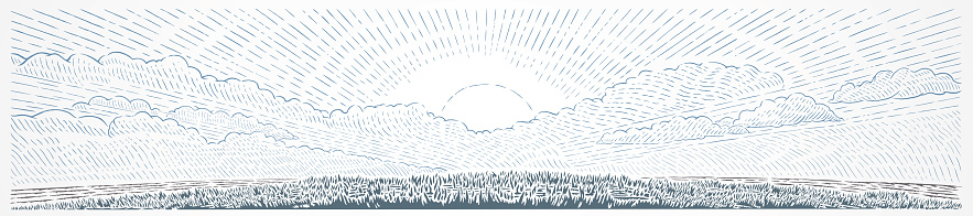 Rural landscape with dawn sun and hills, drawn in graphical style and  monochrome colors. Vector illustration.