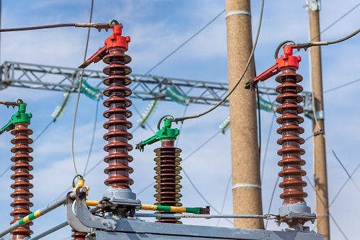 High voltage power transformer,generator electric in substation.general view to high-voltage substation with switches.