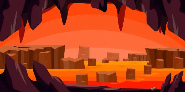 Vector illustration of Vector illustration of a beautiful and bright cave landscape. Cartoon scene with a wonderful landscape of a hot cave with an orange sky, rocks, cliffs, hot red, yellow earth. Fantastic landscape.