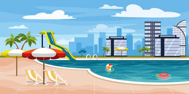 Vector illustration of Vector illustration of a beautiful holiday landscape. Cartoon landscape with a modern house, a pool with water, an inflatable layer, a ball and a water slide, umbrellas from the sun, beach chairs.