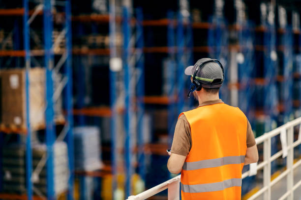 istock Rear view of storage manager controlling logistics from height. 1924536799