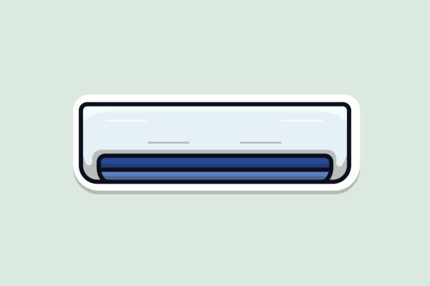 air conditioner handing on wall vector illustration. technology object icon concept. white air condition electrical system device vector design. interior electric equipment icon logo. - air air conditioner electric fan condition stock-grafiken, -clipart, -cartoons und -symbole