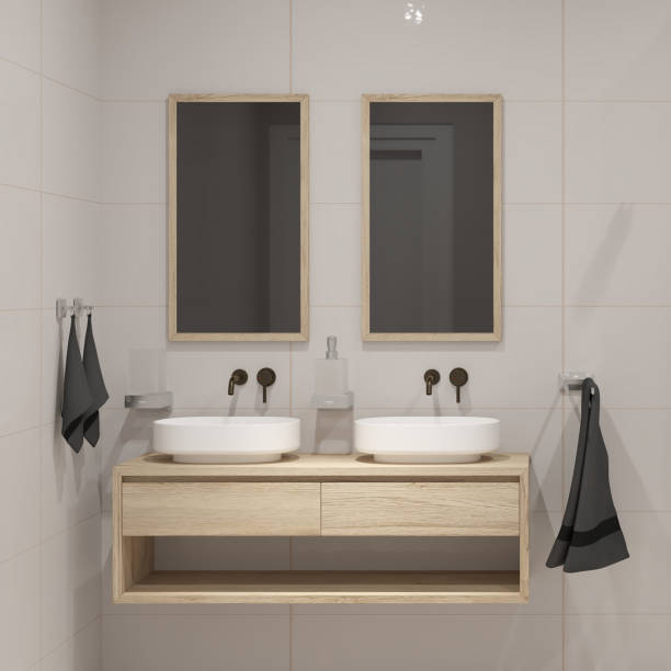 istock Modern bathroom design with two sinks and white tiles 3d render. 1924548457