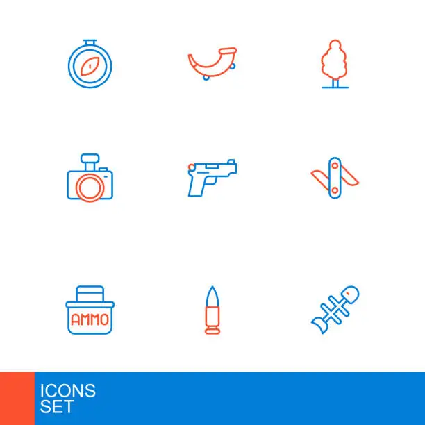 Vector illustration of Set line Dead fish, Bullet, Ammunition box, Swiss army knife, Photo camera, Pistol or gun, Tree and Hunting horn icon. Vector