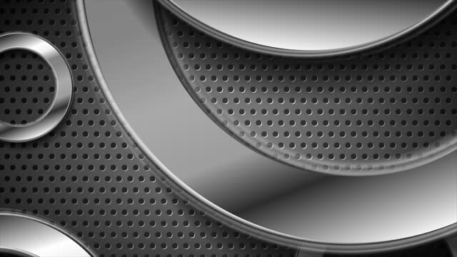 Tech abstract background with silver circles on perforated metallic texture