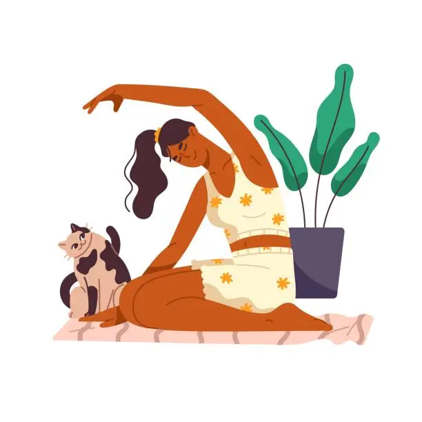 Vector illustration of Young woman in cute pajama stretching, does yoga training. Happy girl workouts with funny cat at home. Female practices breathing exercises, meditates. Flat isolated vector illustration on white