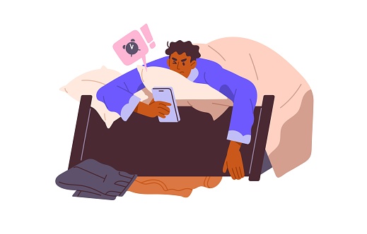 Sleepy man lying in bed, holds smartphone. Unhappy boy wakes to work, turns off alarm clock. People with low energy, stress in the morning. Flat isolated vector illustration on white background.