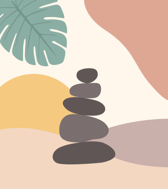 ilustraciones, imágenes clip art, dibujos animados e iconos de stock de fondo abstracto de estilo boho con piedras zen - terapia-medicina-alternativa