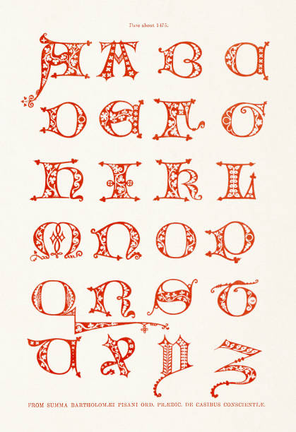 medieval alphabet. decorative initial designs - manuscript medieval medieval illuminated letter old stock illustrations