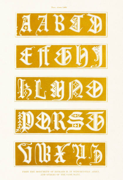 medieval alphabet. decorative initial designs - manuscript medieval medieval illuminated letter old stock illustrations