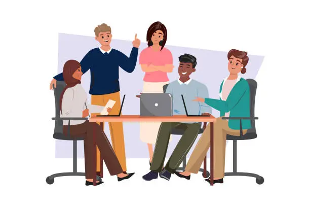 Vector illustration of Dynamic business synergy. Happy business team at the desk discussing business, project, start up. Charting success together.