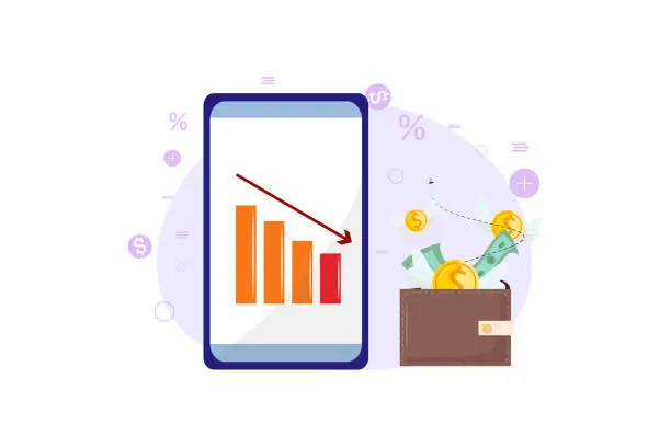 Vector illustration of Modern illustration with a cellphone displaying mobile application, big wallet with flying money away. Struggle in finance planing, budget, savings, investment.