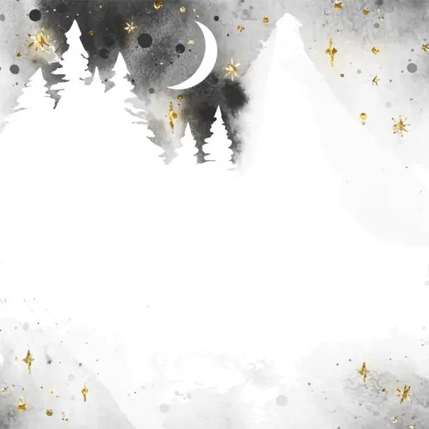 Vector illustration of Watercolor magic vector landscape in gray, golden and white colors. Forest with mountain under night sky with moon. Christmas template with place for text or illustration