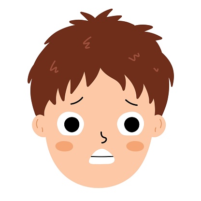 Worried boy face. Afraid little kid isolated on white background. Child emotional expression. Vector illustration