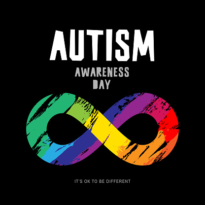 Infinity sign is hand-painted in rainbow colors. Autism Awareness Day. It's okay to be different. Vector illustration on a black background.