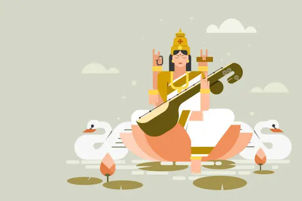 Vector illustration of Illustration of Indian goddess 'Saraswati' sitting on lotus