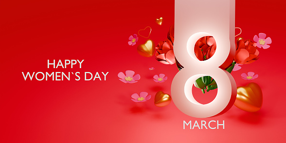 Women's Day background with 3d 8 number, hearts and flowers. 3d render.