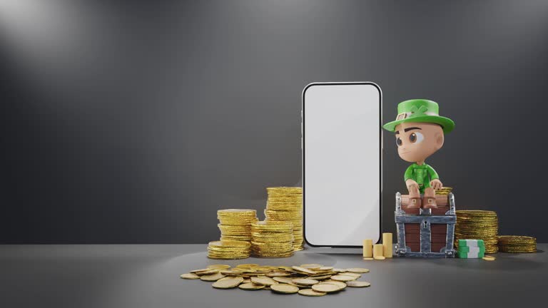 Digital Fortune: Leprechaun Figurine with Gold Coins and Smartphone black background