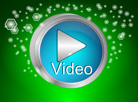 play video button blue on glossy green background - 3D illustration