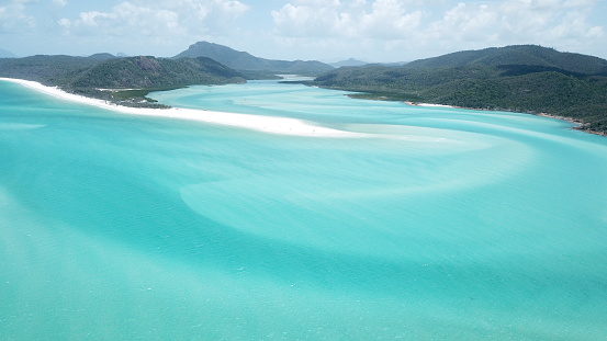 An aerial view of the beautiful turquoise ocean and green shoreline. Whitsunday Islands, Australia