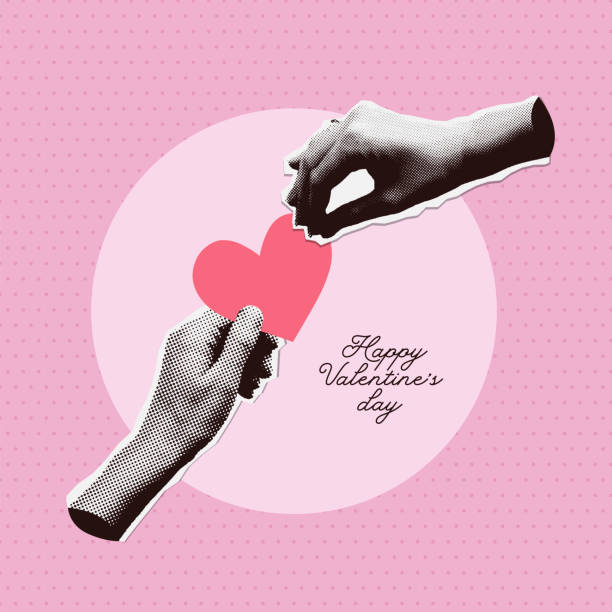 ilustrações de stock, clip art, desenhos animados e ícones de vintage art collage design for 14 february with halftone hands holding one heart. contemporary template for banner, card. cut out new wave style vector illustration for valentine s day - gossip couple love concepts