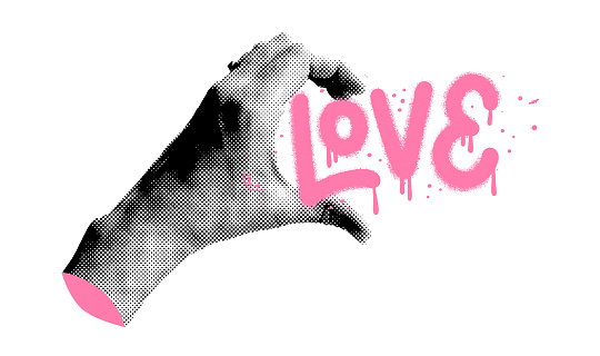 Collage hand with halftone effect holding graffiti lettering LOVE. Cut out palm holds a love word. Vector modern illustration.