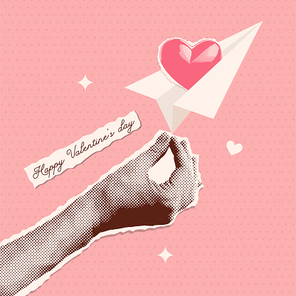 Trendy Halftone Collage hand holding Paper Airplane with heart . Love message concept. Online social media vector retro illustration with cutout paper elements. Pop art design.