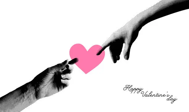 Vector illustration of Trendy Halftone Collage Two Hand touching Heart. Social media minimalistic banner template. Happy Valentine and Mother Day. Share love. Contemporary vector illustration art