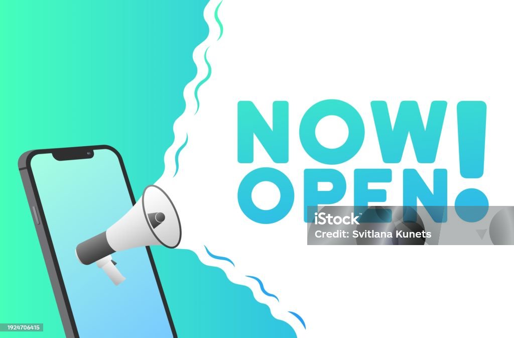 Now Sign Visual Now Open Sign Flat Green Text From A Megaphone Phone Screen Mockup Now ...
