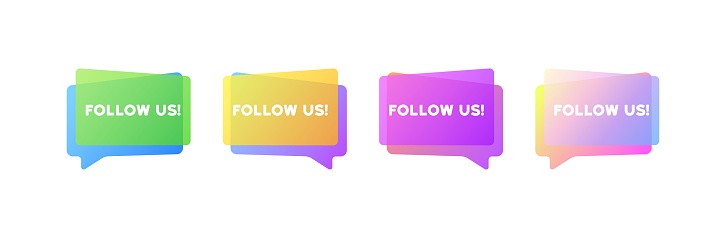 Follow us bubbles. Flat, color, speech bubbles, follow us signs. Vector icons