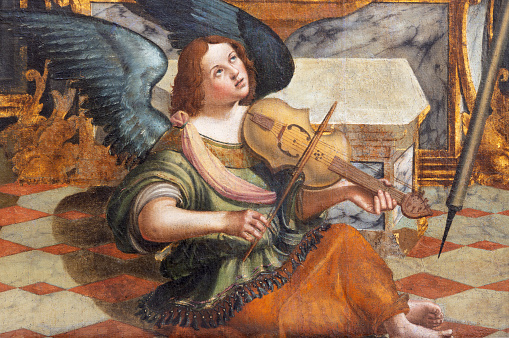 Vicenza - The angel with the violin from renaissance painting of Madonna with St. Sebastian and St. Roch in Chiesa di Santa Maria dei Servi by Benedetto Cincani - il Montagna (1480 - 1558).
