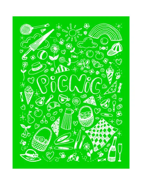 Vector illustration of Picnic linear vector illustration on green background
