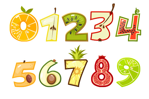 Fruit numbers. Set of vector numbers or stickers.