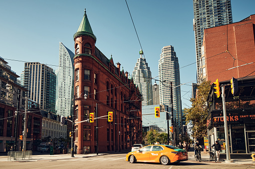 Toronto, Canada; 11th of October, 2023. The Gooderham Building, also known as Flatiron, is an historic office building placed in Wellington street in the financial district of Toronto. It was built in 1892