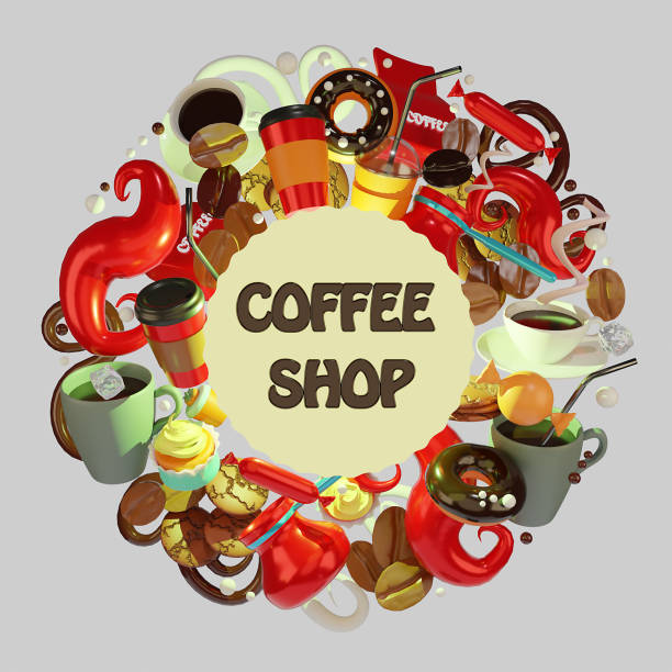 Colorful, detailed, with lots of background objects 3d image. Coffee cup. Coffee to go. Coffee Shop. 3d render.