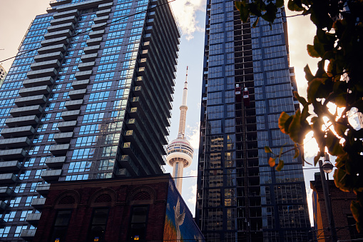 Toronto, Canada, 11th of October, 2023. The CN Tower appears between the skyscrapers