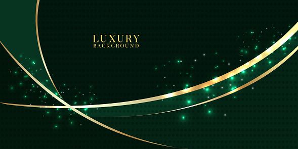 Abstract curved green and gold shape background with lighting effect and copy space for text. Luxury design style