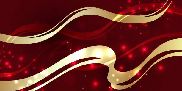 Vector illustration of Abstract gold ribbon lighting curved on red background with lighting effect and sparkle bokeh