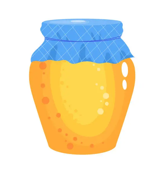 Vector illustration of Illustration of a cute yellow honey jar with a blue checkered cloth lid. Cartoon-style honey container graphic design. Sweet organic food theme vector illustration
