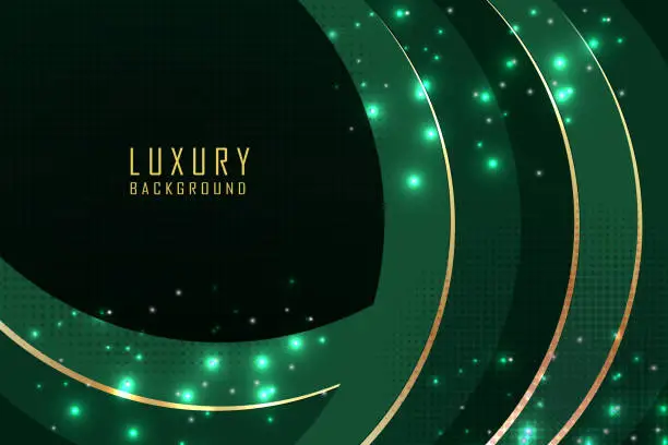 Vector illustration of Luxury green background with curved glowing green and golden line lighting effect sparkle