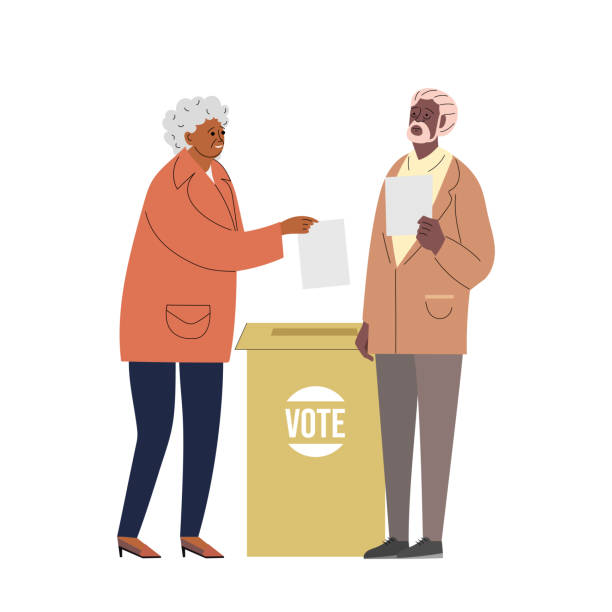 African-American aged people Man and woman holding ballot papers in their hands putting paper vote into the box. Election, Democracy, Freedom of speech, justice voting and opinion. Referendum African-American aged people Man and woman holding ballot papers in their hands putting paper vote into the box. Election, Democracy, Freedom of speech, justice voting and opinion. Referendum civil rights leader stock illustrations