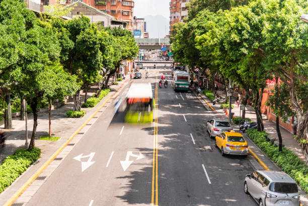 Horizontal high angle color image of the famous Yanping North road in downtown Taipei.