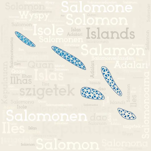 Vector illustration of SOLOMON ISLANDS map design. Country names in different languages and map shape with geometric low poly triangles. Creative vector illustration of Solomon Islands.