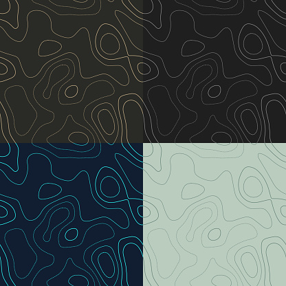 Topography patterns. Seamless elevation map tiles. Astonishing isoline background. Awesome tileable patterns. Vector illustration.