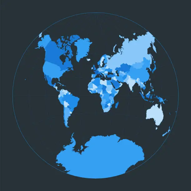 Vector illustration of World Map. Van der Grinten II projection. Futuristic world illustration for your infographic. Nice blue colors palette. Classy vector illustration.