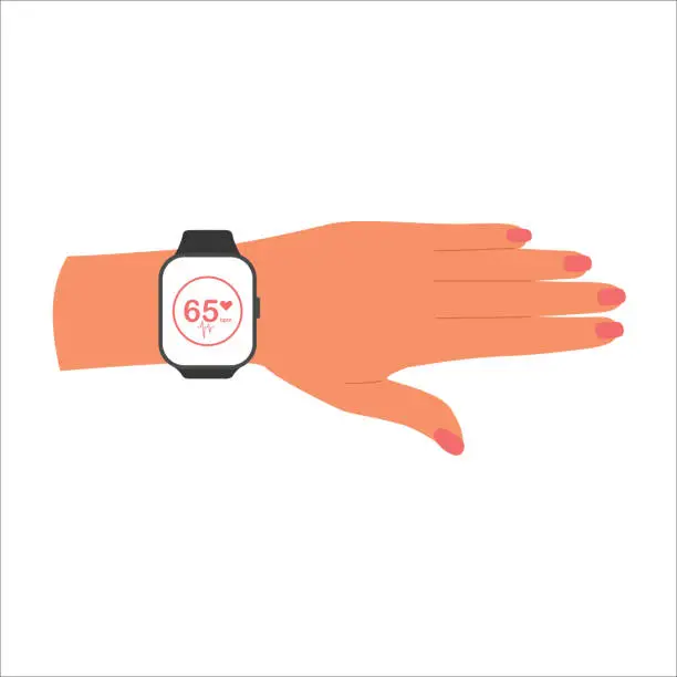 Vector illustration of Female hand with Smart watch with pulse heart on screen. Heartbeat rate tracker app.