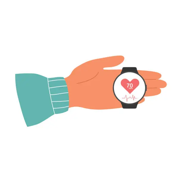 Vector illustration of Male hand with hartbeat rate tracker app on smart watch screen. Pulse heart care