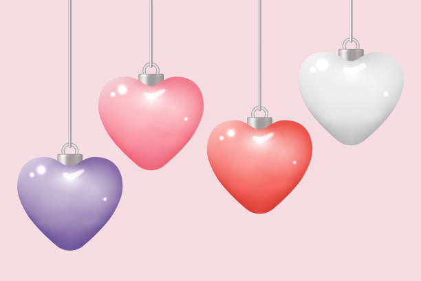 istock Heart ornament elements. Set of heart ball ornaments silver caps mockup pastel colors. Isolated on pink color background. Vector illustration. 1924780590